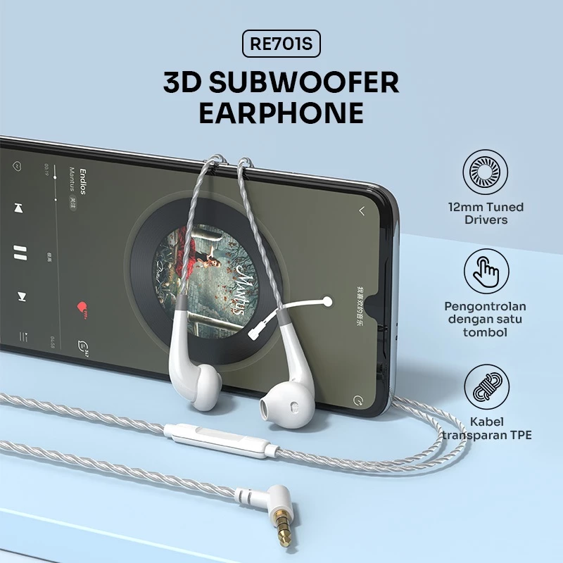 ROBOT Wired Headset Sport Gaming Subwoofer Powerfull Bass With Driver 12mm Earphone RE701S Original - Garansi 1 Tahun