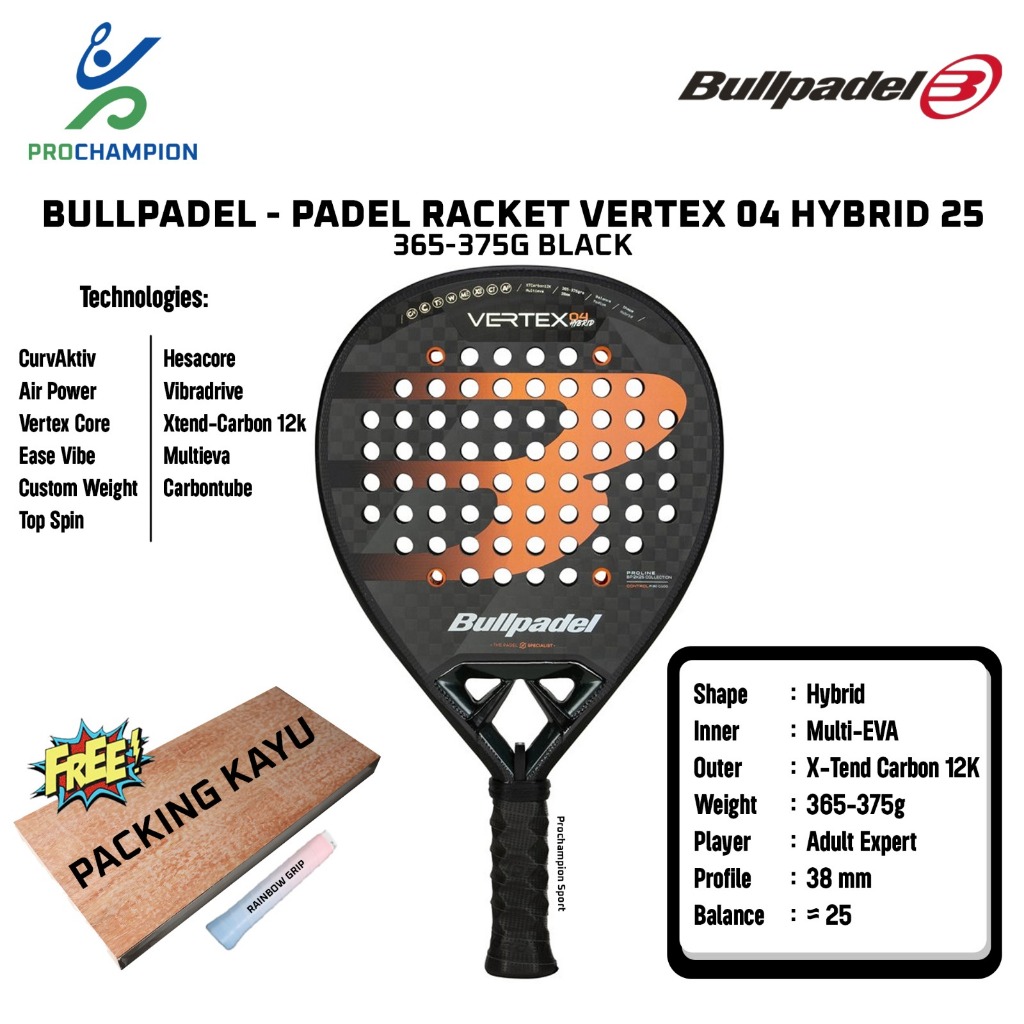Jual Padel Raket BULLPADEL Vertex 04 Hybrid 25 365-375 G Black | Shopee ...