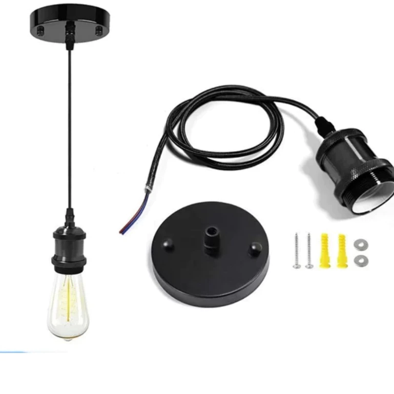 FITING LAMPU GANTUNG E27 ALUMINIUM + KOP KABEL TANPA EDISON FILAMENT | AutoStock