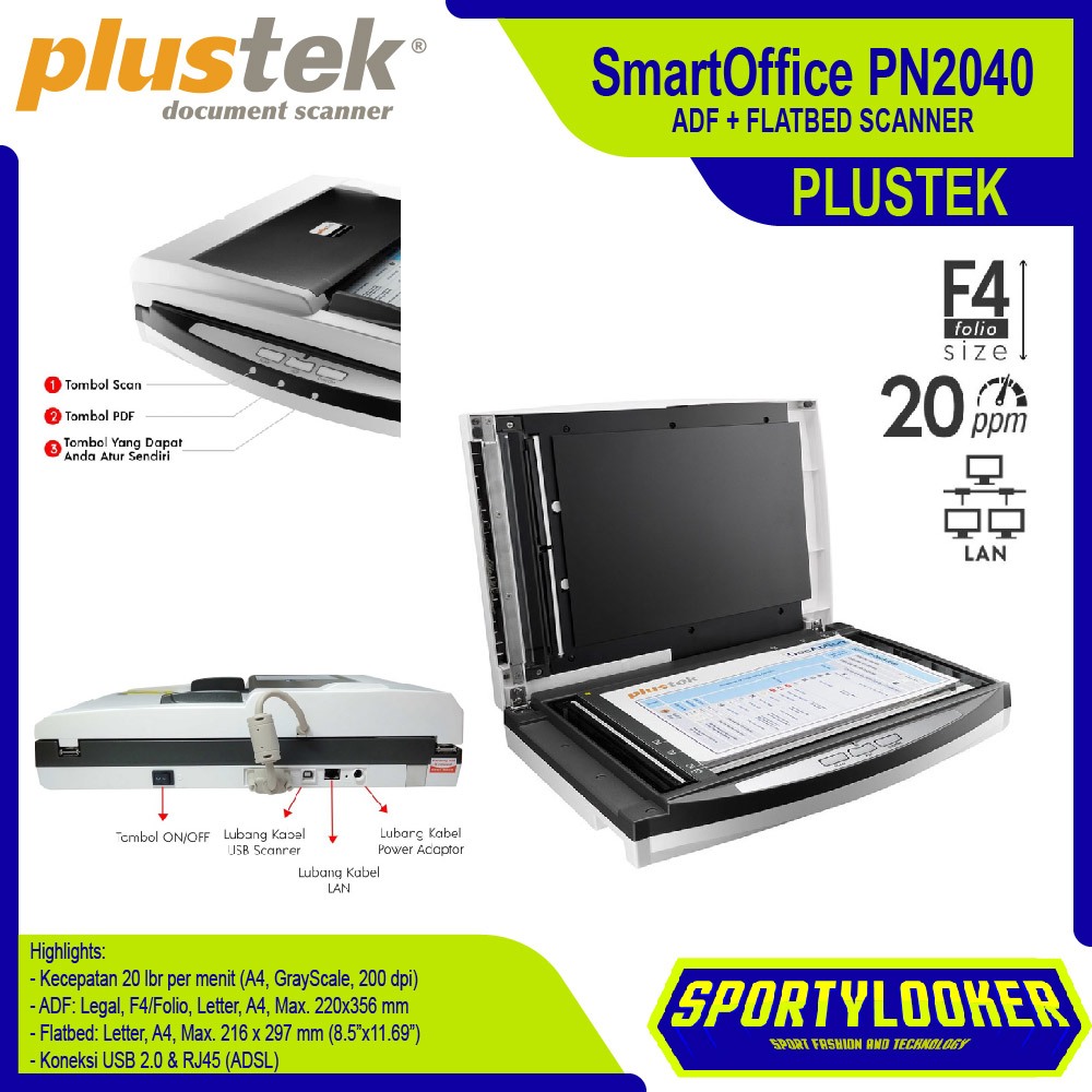 Jual Scanner Plustek SmartOffice PN2040 ADF + Flatbed | F4 | 20 ppm ...