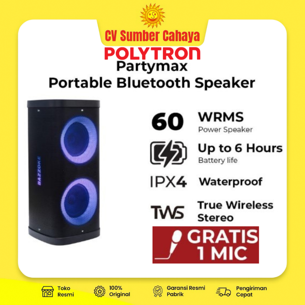 Jual Polytron Speaker Portable Bluetooth Partymax Extra Bass Free