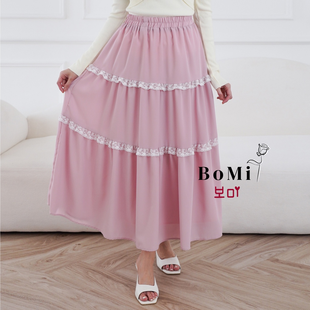 Jual BOMI - IRIS Skirt Maxi Korean Snow Sheer Rok Renda Wanita Tingkat ...