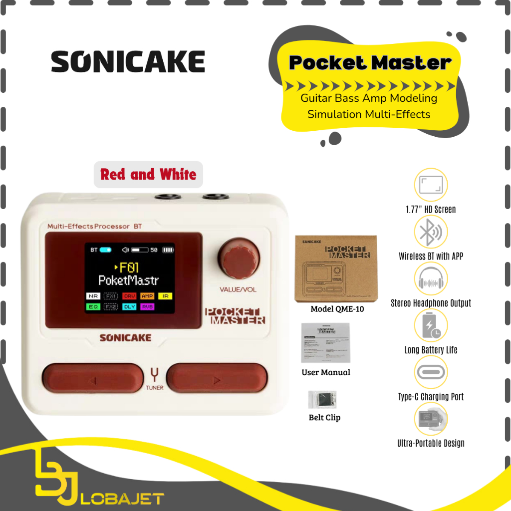 SONICAKE Pocket Master basgitaarversterker, modelling technologie, IR-Amp en Cabinet simulator, multi-effecten met Stereo OTG USB Audio Interface, BT Audio, 1,77 LCD-kleurenscherm, paars