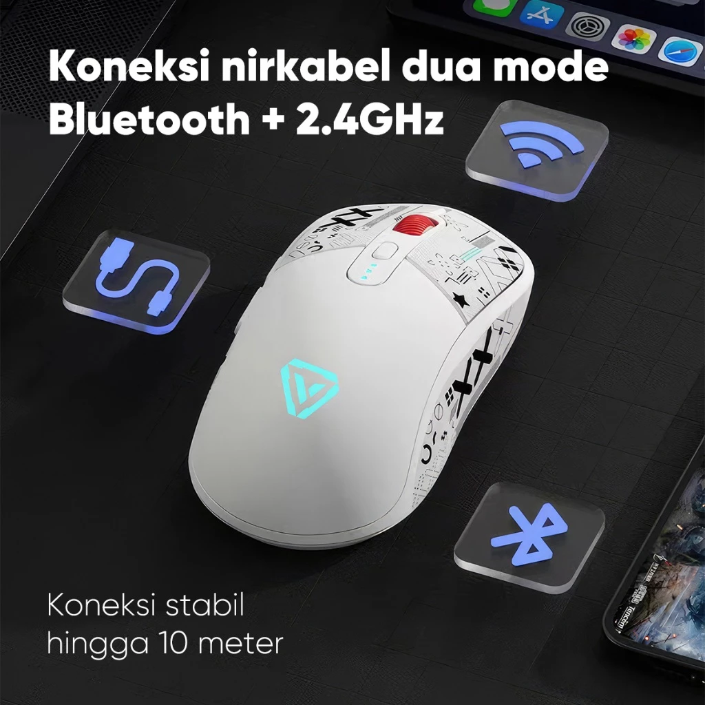MOFii Mouse Gaming Wireless 2.4Ghz + Bluetooth Rechargeable Baterai Type-C Fast Charging 3200DPI LED Lights M69