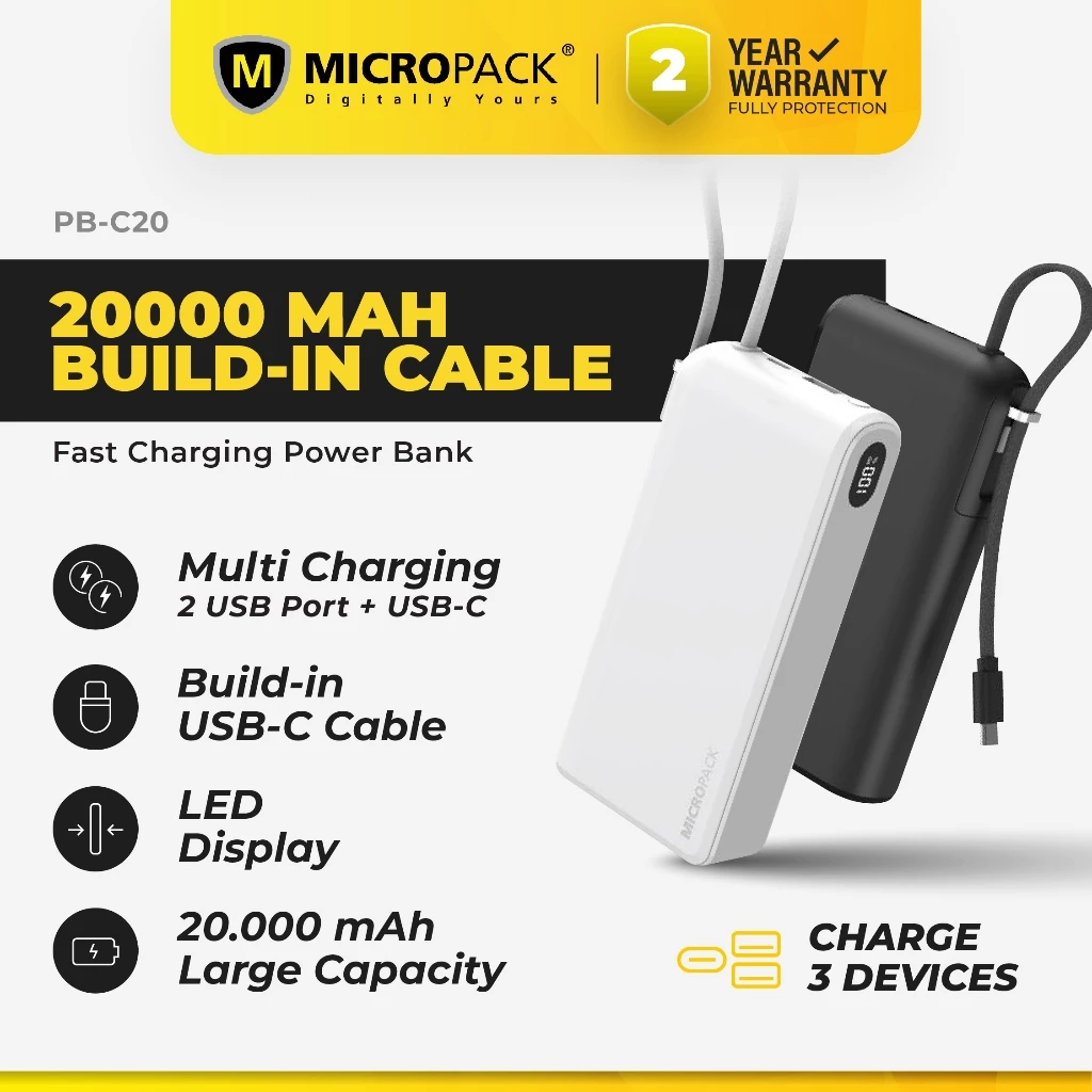MICROPACK- 20000mAh Built-in Cable Fast Charging Power Bank PB-C20