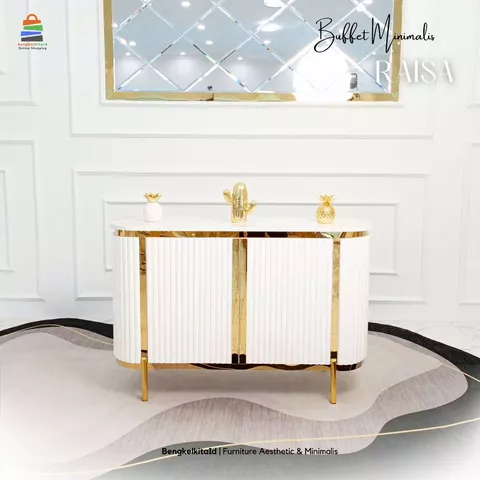 Meja Raisa Buffet TV Minimalis Modern Aesthetic / Kabinet Ruang Tamu Mewah 2 Pintu Kayu Solid Duco List Gold