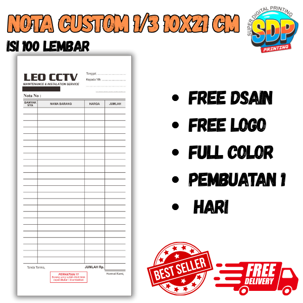 Jual [PROMO] Nota Custom 1/3 Isi 100 Lembar Nota Panjang Full Color ...