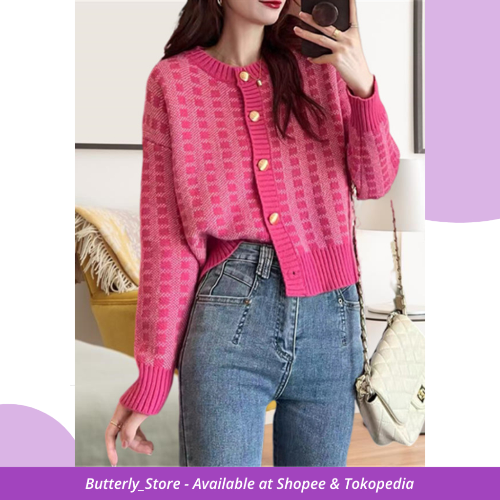Jual Butterly Cardigan Pink Rajut Wanita Kancing Emas BT17 | Shopee ...