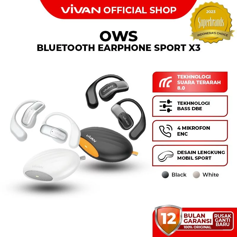 VIVAN SPORT X3 OWS Open Ear TWS IPX5 Dual ENC Audio Hi-Dynamic v5.4 Garansi 12 Bulan