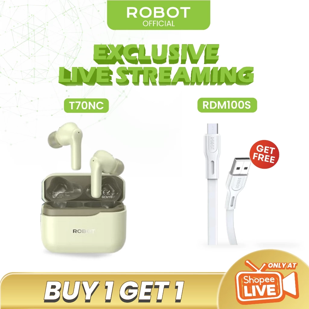 ROBOT TWS Earbuds Wireless ANC ENC Canceling Noise Control T70NC Bluetooth 5.4 Original - Garansi Resmi 1 Tahun