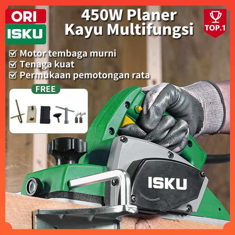 ISKU Mesin Serut Kayu Elektrik 82mm 450W Electric Wood Planer Mesin Ketam Pasah Sugu Kayu Heavy Duty Motor Tembaga Murni Anti Gosong Alat Perata Papan Balok Tukang Mebel V-Groove Chamfer Presisi Tinggi Woodworking Alat Pertukangan Lengkap