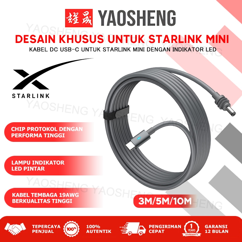 Jual Kabel Starlink Mini 3M/5M/10M 16AWG USB-C ke DC 140W LED Dukungan ...