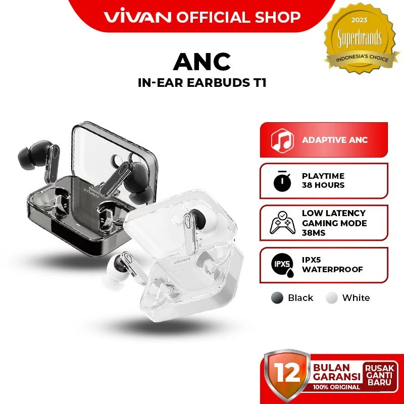 VIVAN TWS Space T1 | ANC Active Noise Cancelling | IPX5 | Bluetooth 5.4 | Low Latency - Garansi 1 Th