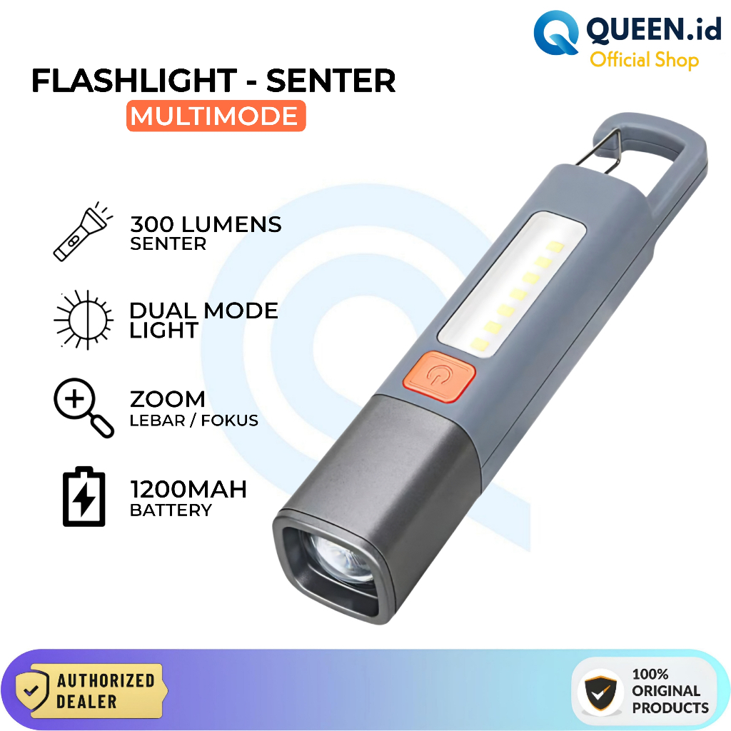 Jual QUEEN Senter LED USB C Multifungsi 3 Mode Lampu 300 Lumens Zoom ...