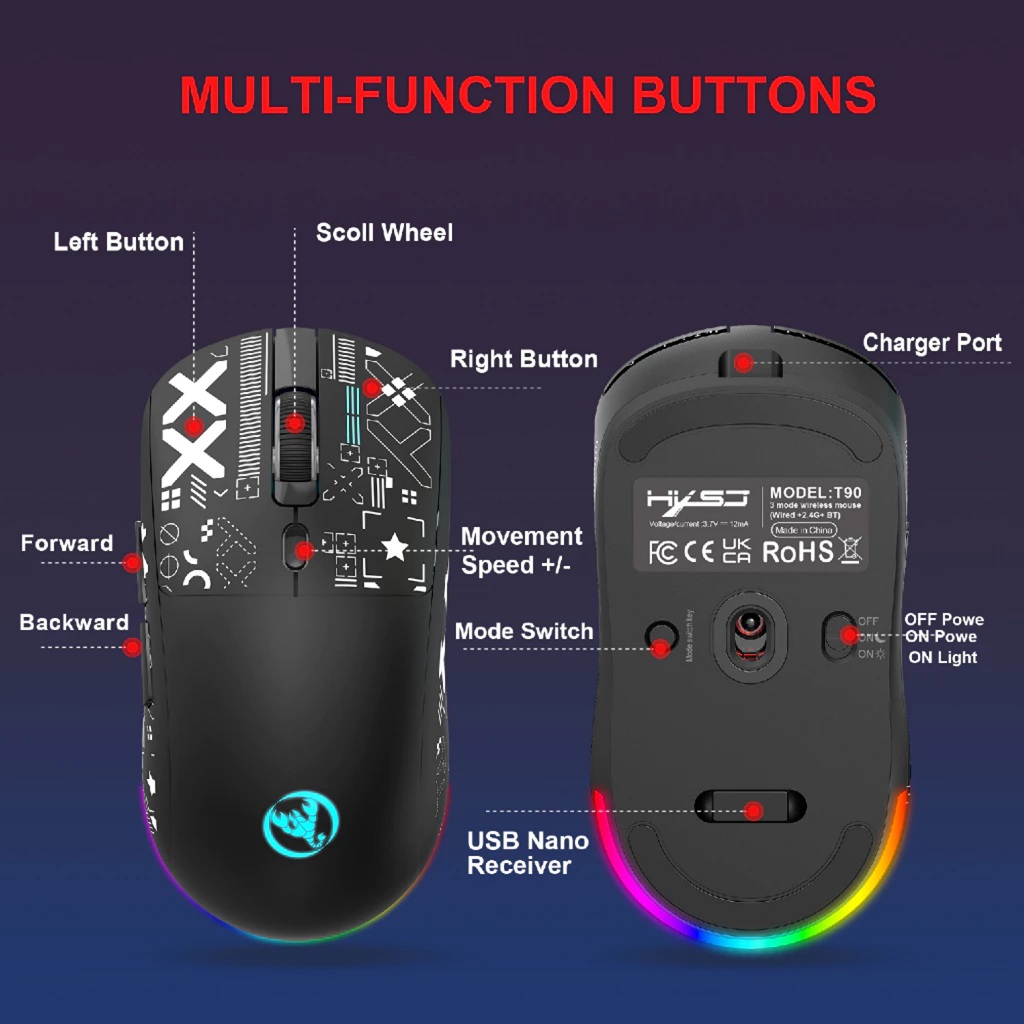 Jual HXSJ T90 Wired + 2.4G + BT5.3 3 Mode Wireless Charging Mouse ...