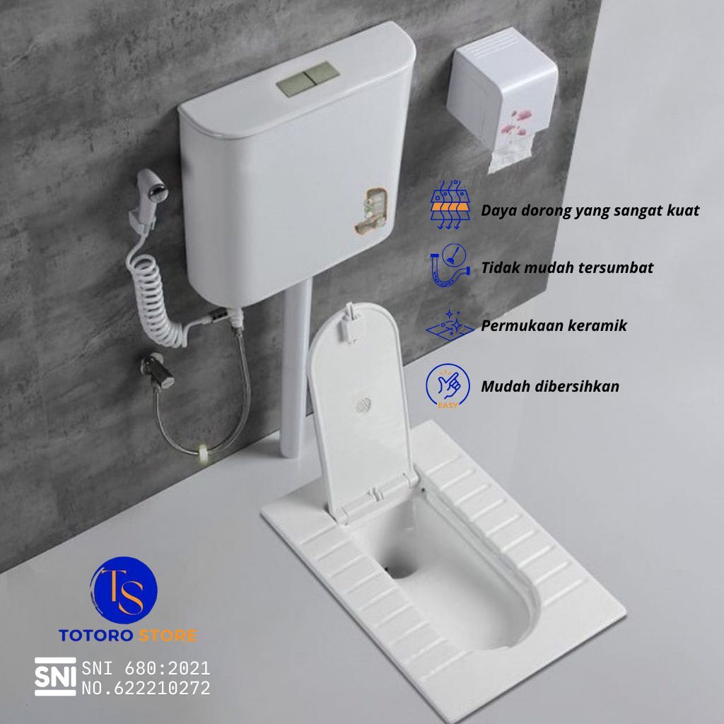 TOTORO STORE - Kloset Jongkok dengan penutup 1Set Watertank | Toilet WC Jongkok Mr.tao 543 Watertank Flush, Bahan Keramik, Warna Putih Instan