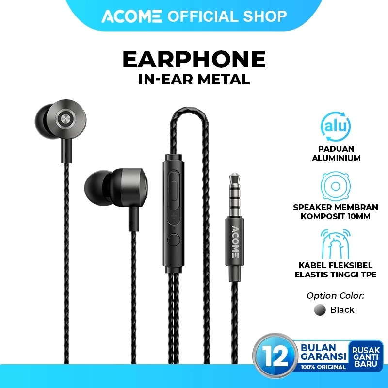 ACOME Wired In Ear Metal Earphone AW09 / Headset Strong Material Aluminium Material Speaker Membran HD 10mm Original