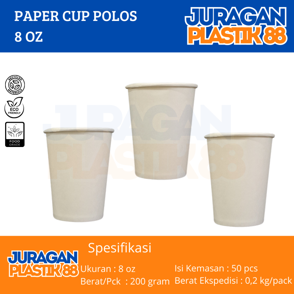 Jual Paper Cup Polos 8oz Isi 50pcs / Gelas Kertas Putih Polos 8 oz Isi ...