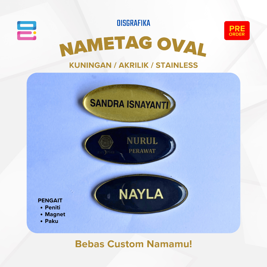 Jual Name Tag Oval Custom Nama Logo Jabatan Papan Nama Dada Warna Bebas ...