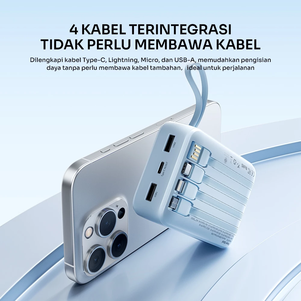 ROBOT Powerbank Fast Charging 20000mAh PD 15W With Port and Cable Micro Type-C Lightning Power bank Built-in 4 Kabel