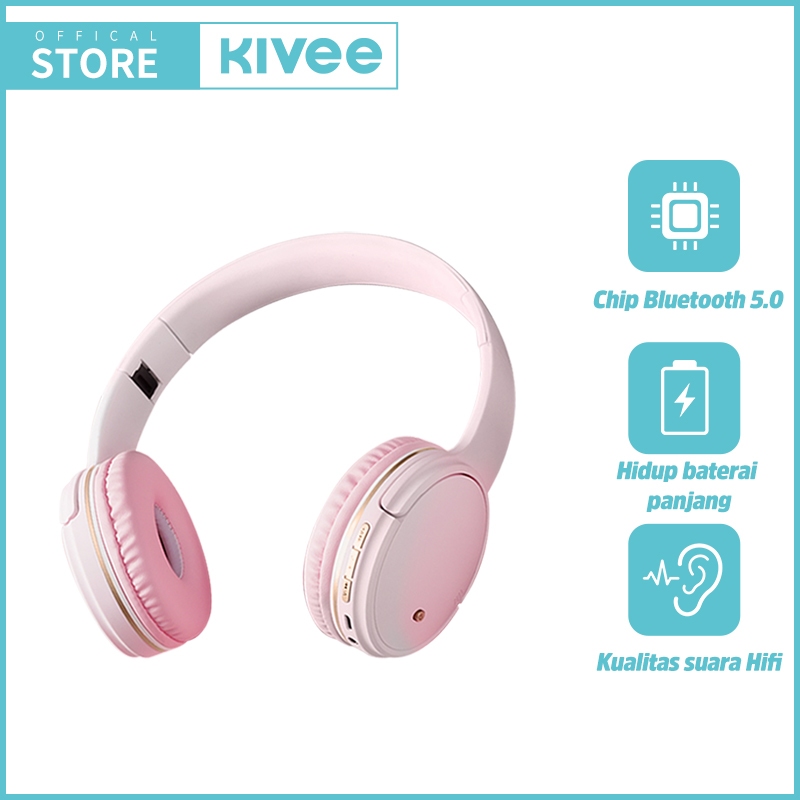 Jual KIVEE Headphone Wireless Bluetooth 5.3 KV-TW153 Pink Headset Music ...