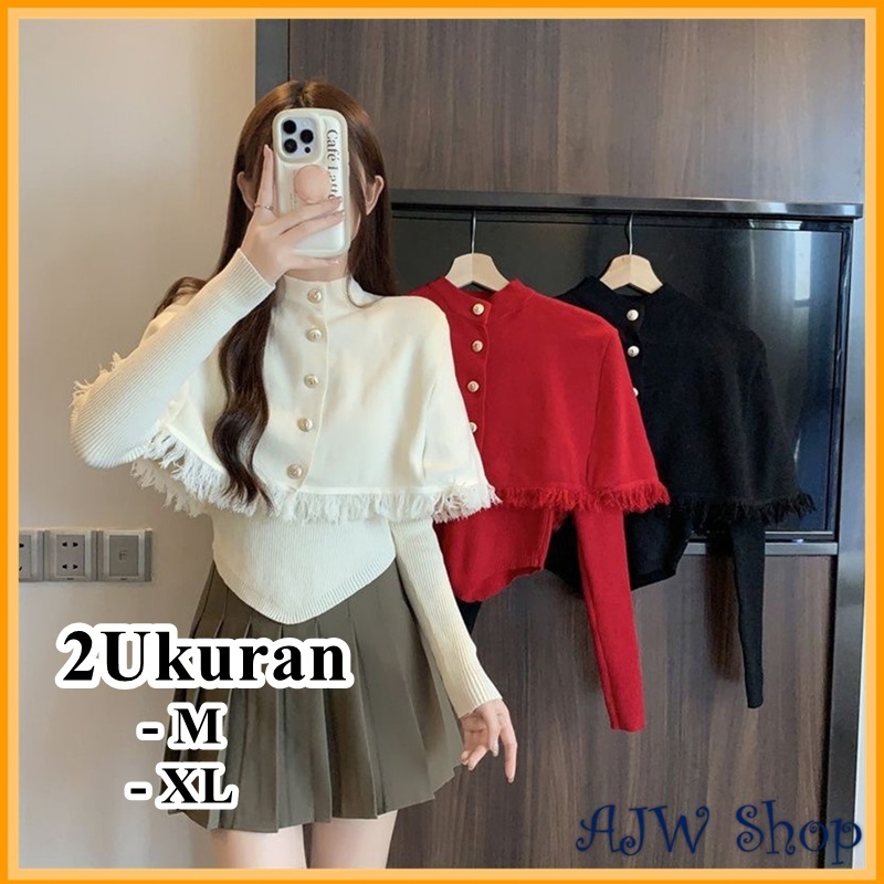 AJW Atasan Wanita Rumbai Dada Knit Premium Lengan Panjang WCD | Baju Wanita Rumbai Dada Korean Style | Atasan Rajut Wanita Rumbai Dada Knit Kekinian