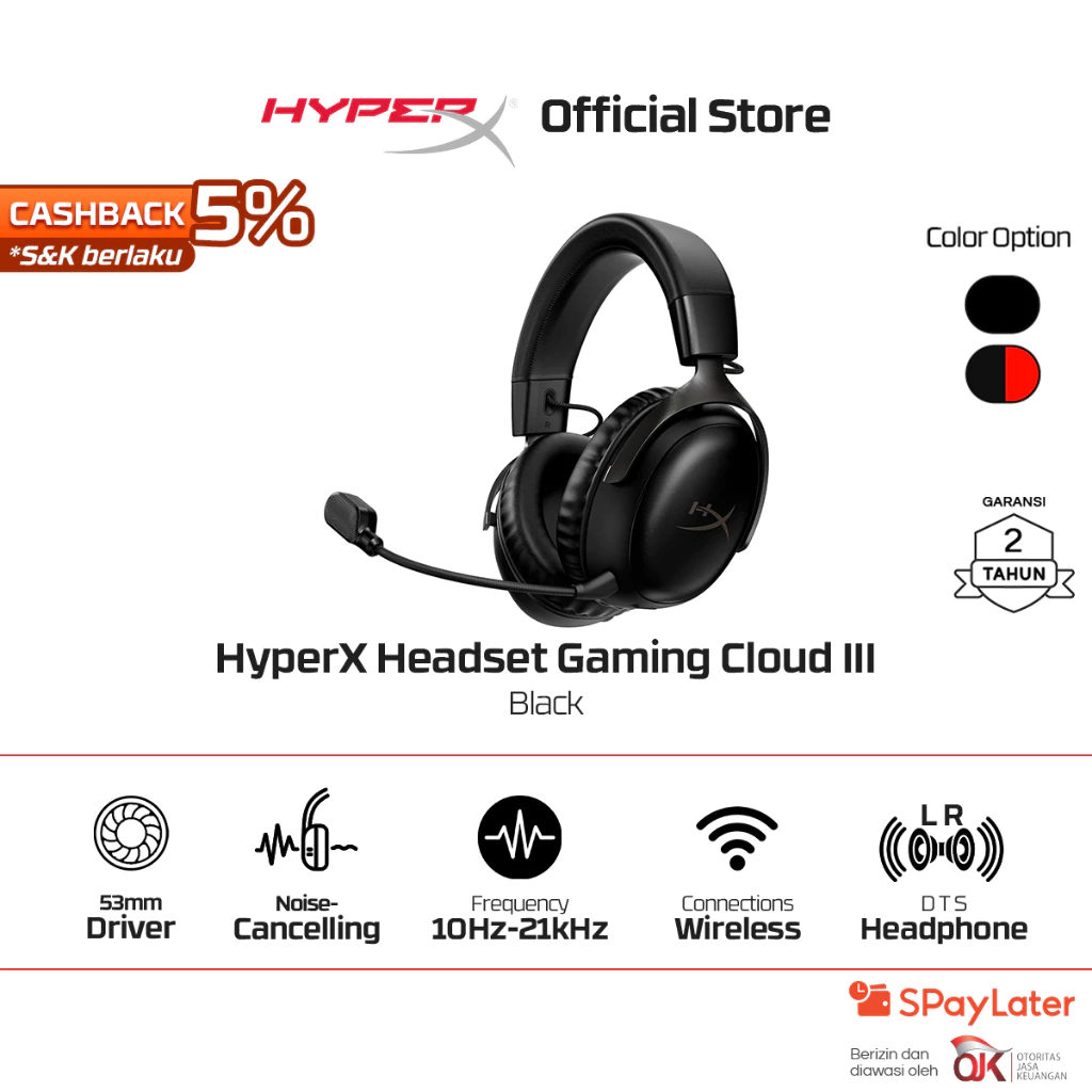 HyperX Headset Gaming Cloud III Wireless - Black / Red Noise Cancelling Spatial Audio Leather Stereo Bass Android iOS Led RGB