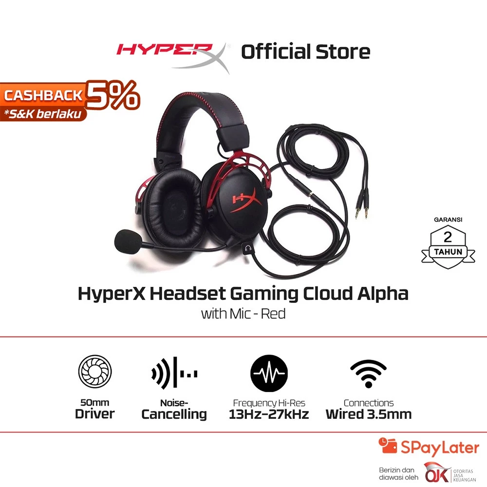 HyperX Headset Gaming Cloud Alpha Wired - Black-Red Noise Cancelling Leather Stereo Bass Android iOS Led RGB Microphone