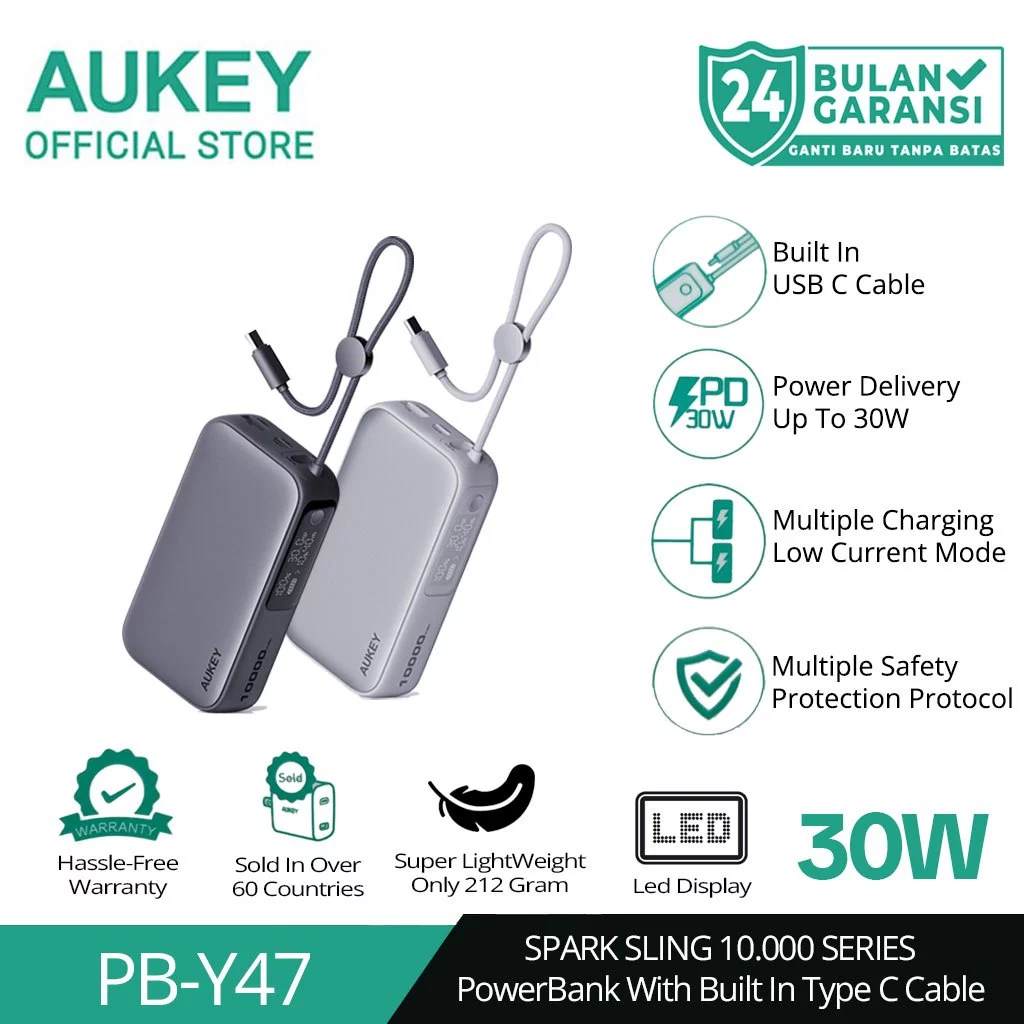 AUKEY Powerbank 10000mAh 30W Built In Cable Fast Charging Spark Sling Series PB-Y47