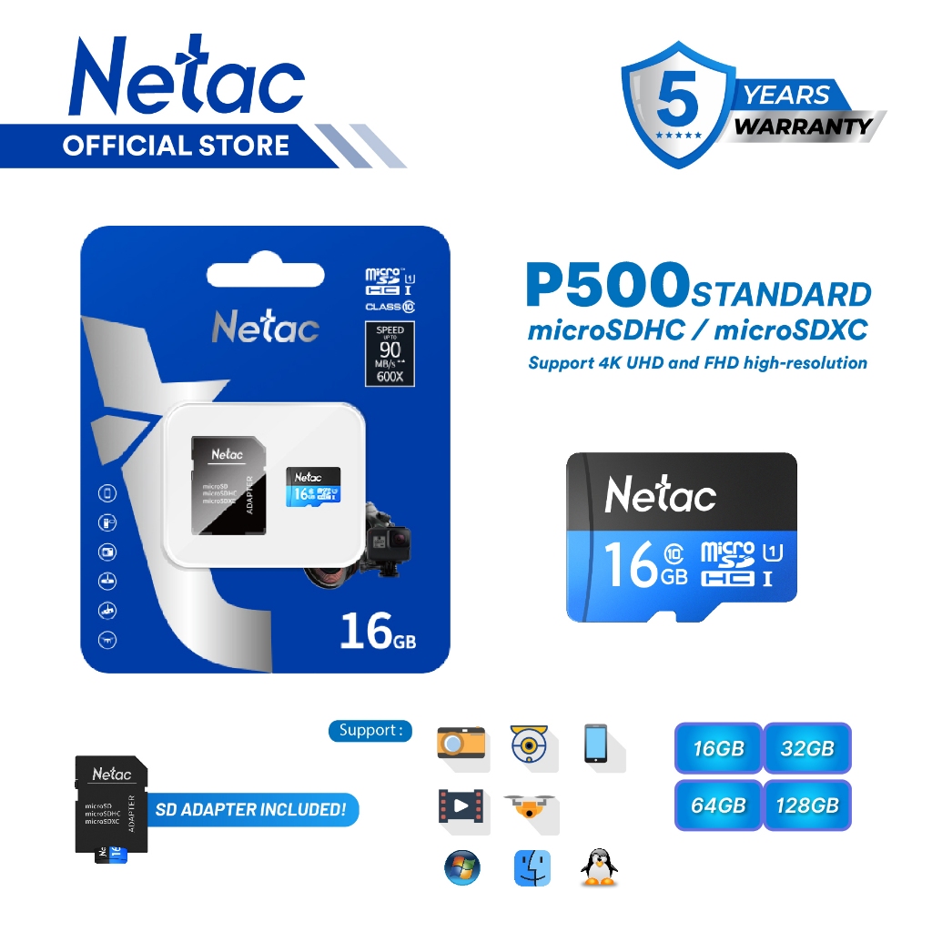 Jual Netac MicroSDHC P500 Standard 16GB MicroSD Card with SD Adapter U1 ...