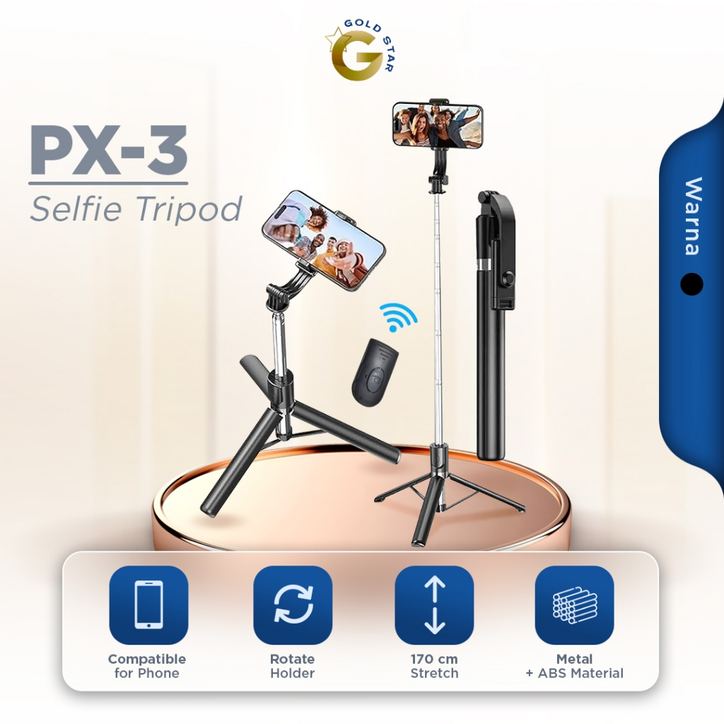Tripod PX-3s tinggi 170cm Wireless R1L Selfie Stick HP lengkap dengan Remot  Bluetooth dan Lampu LED