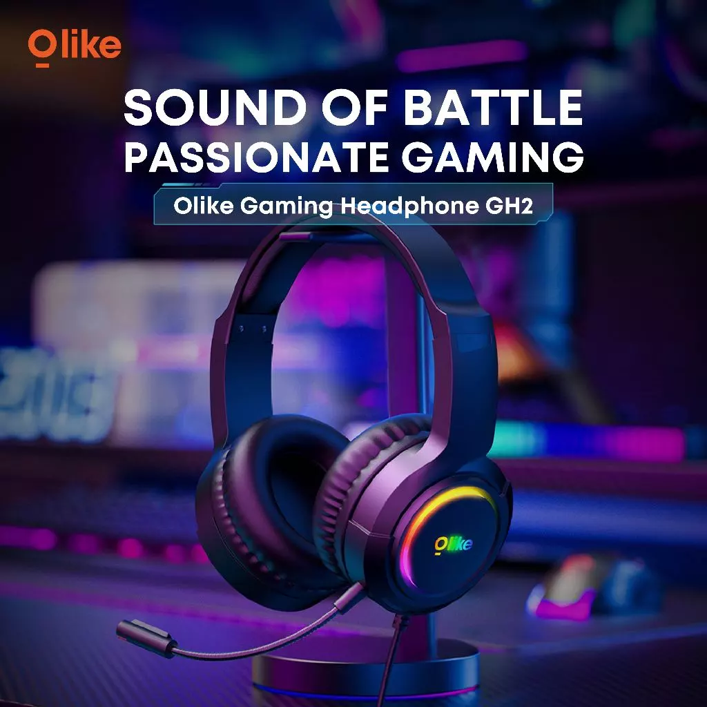 OLIKE Headphone Gaming GH2 + LED | 360 Omnidirectional Microphone | 50mm Drivers Stereo Bass | 3D Surround Precise Positioning