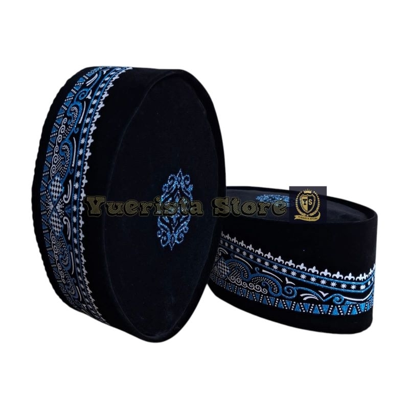 Peci Songkok Kopiah Hitam Motif BATIK BIRU Tinggi 9cm - Songkok Anak Laki Laki SHOLAT Bisa COD