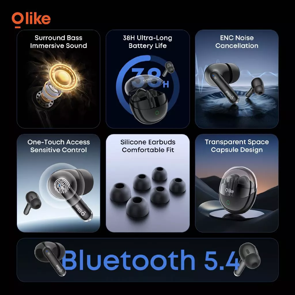 OLIKE TWS T303 Bluetooth Earphone ENC Noise Cancellation | TWS Driver 13mm Stereo Bass | Bluetooth 5.4 | 38H Playtime | IPX4