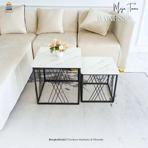 Meja Tamu Minimalis Vanessa Set Aesthetic Top Table Marmer PVC HPL - Bengkelkita.id