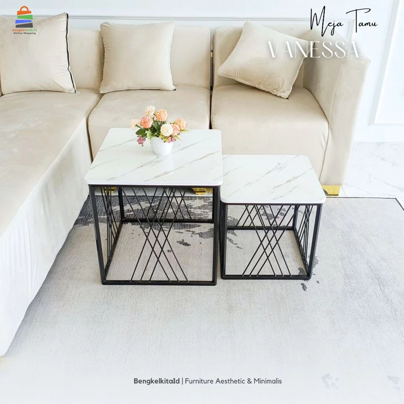 Meja Tamu Minimalis Vanessa Set Aesthetic Top Table Marmer PVC HPL - Bengkelkita.id