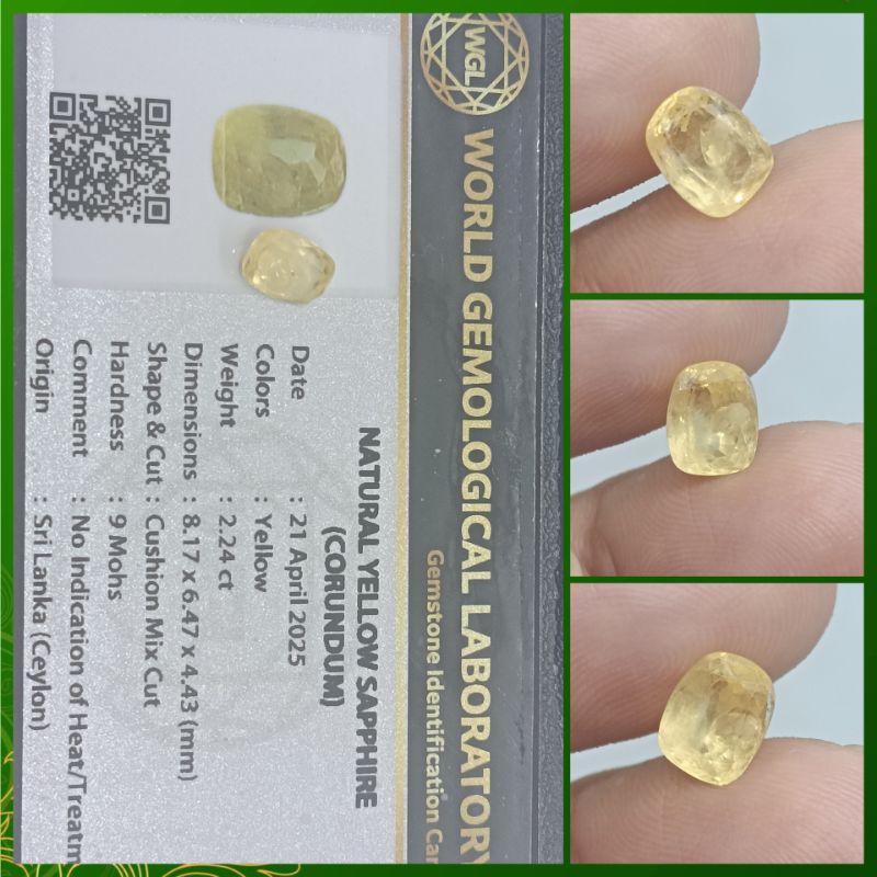 Jual Natural Yellow sapphire Ceylon 2,2 ct No Heat memo WGL Safir