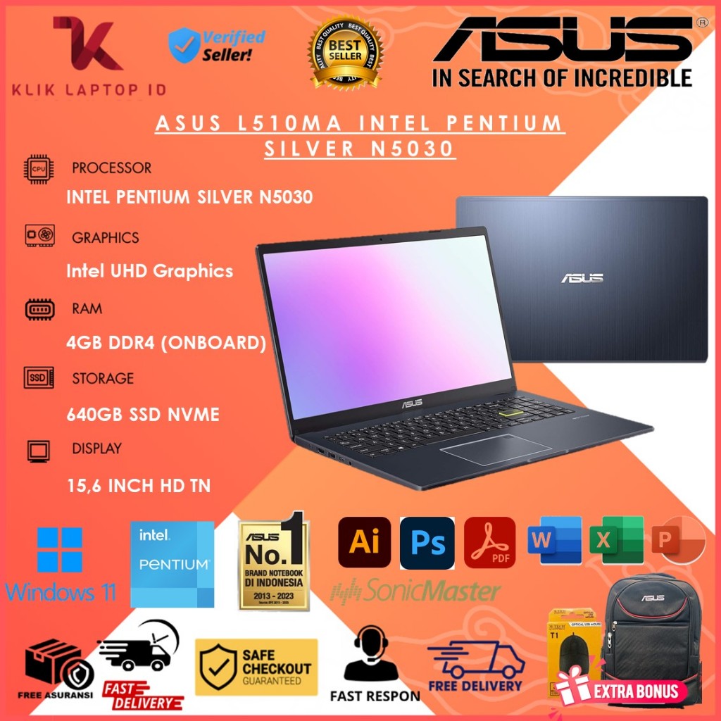 Laptop Asus Vivobook L510MA Pentium Silver N5030 4GB 640GB SSD FHD  Backlit Win11Home