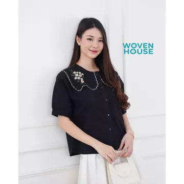Osienaya Top Blouse Linen Flower Atasan Kemeja Katun Bordir Bunga Lengan Pendek