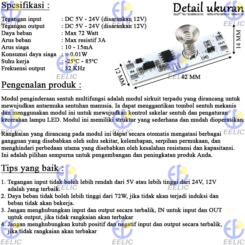 Jual EELIC MDL-LEDTS24V Modul LED Sensor Sentuh 5-24V Touch Switch ...
