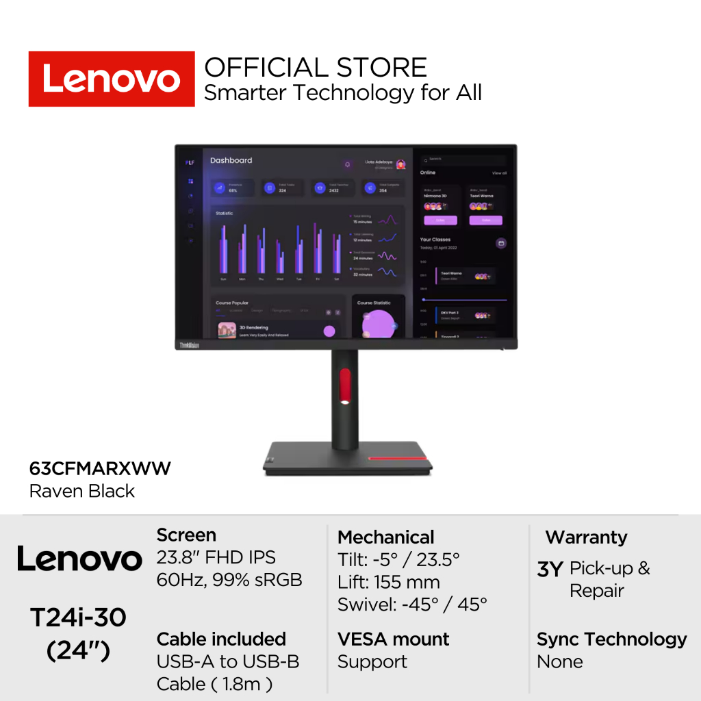 Jual Lenovo Monitor ThinkVision T24i-30 63CFMARXWW Raven Black 27