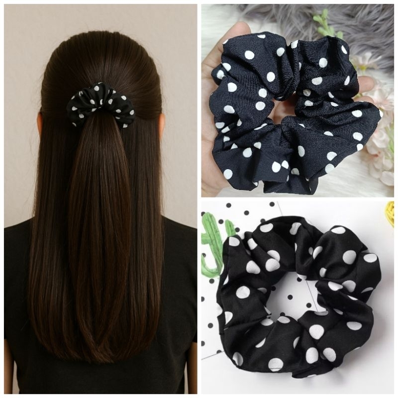 Jual 1 Pcs Scrunchie Hitam Polkadot Ikat Rambut Wanita Korea Lucu ...