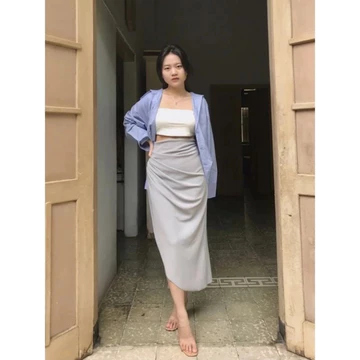 Rok Wanita Span Serut Satin Silk Korean Skirt Rok Casual Flowy Midi Maxi Loose Skirt
