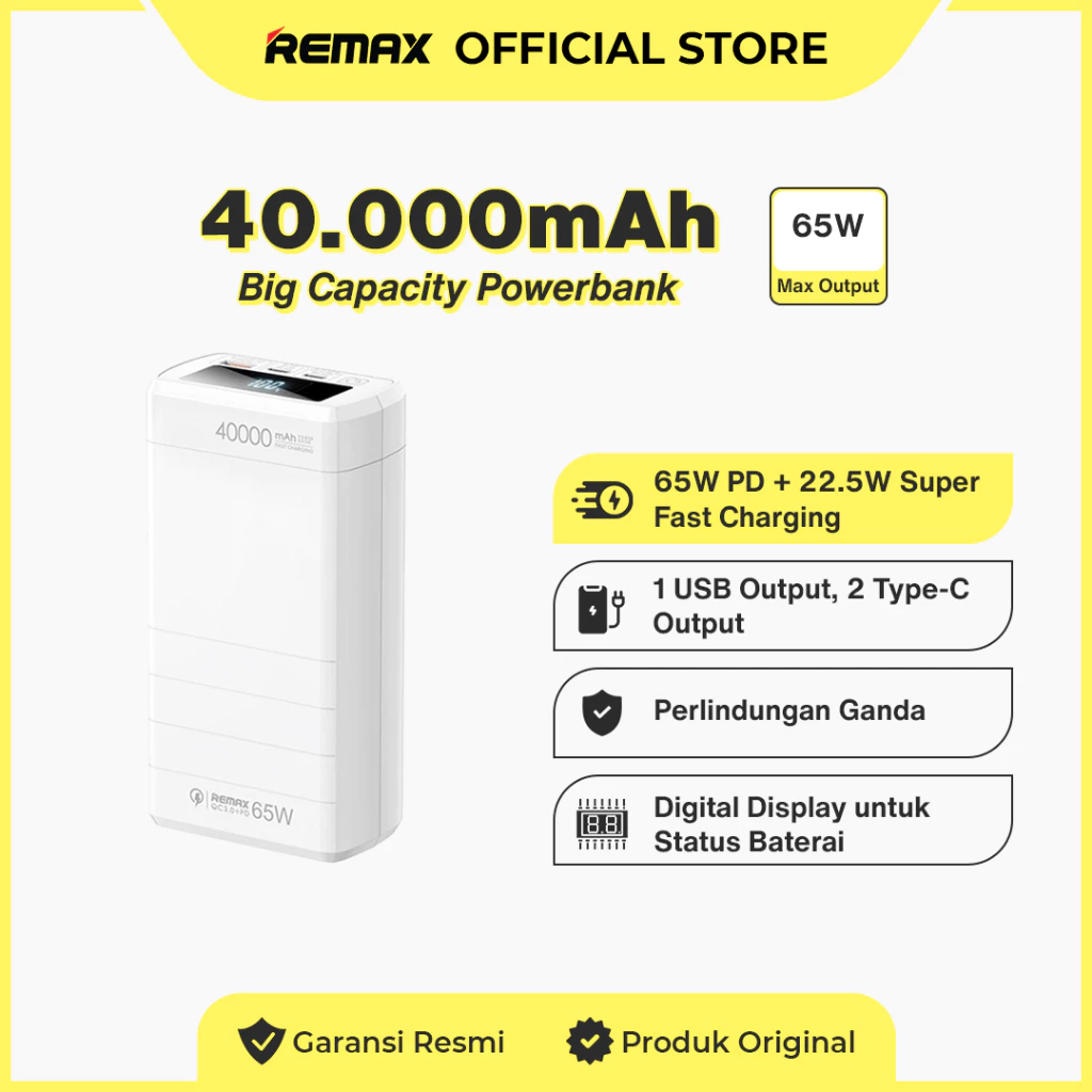 Remax Powerbank 40000mAh 22,5W+65W Qc+PD Fast Charging RPP-310