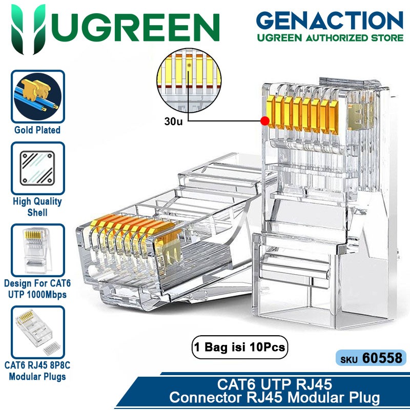 Jual Ugreen Connector RJ45 Cat6 UTP Full Tembaga Modular Plug 8P8C ...