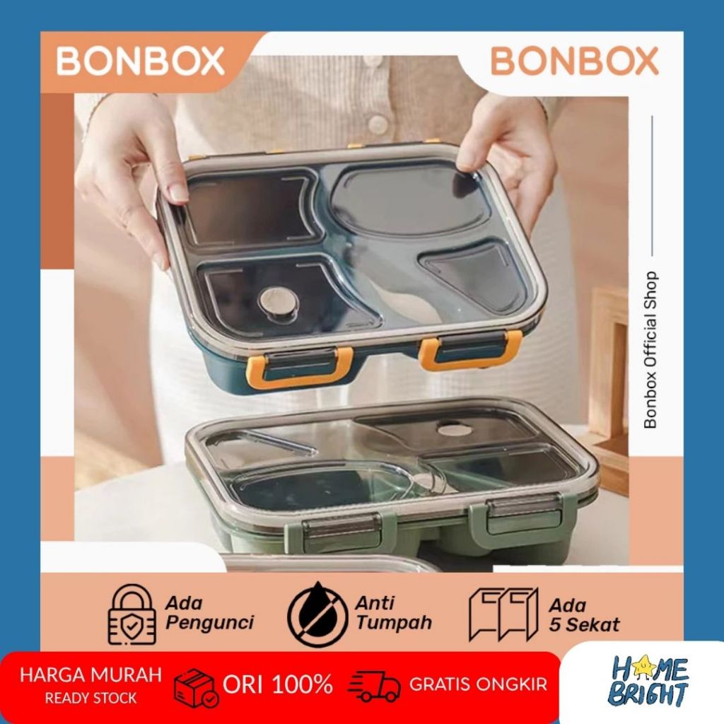 Jual BONBOX Kotak Makan Anti Bocor 4 Sekat Free Sendok Makan Makan ...