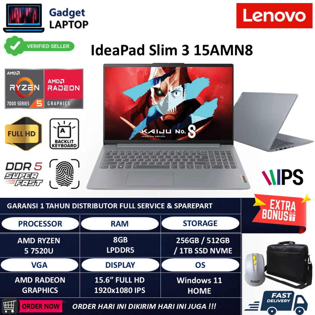 Laptop Lenovo Ideapad Slim 15AMN8 Amd Ryzen 7520U 8GB DDR5 1TB  Full HD IPS Windows 11 Home