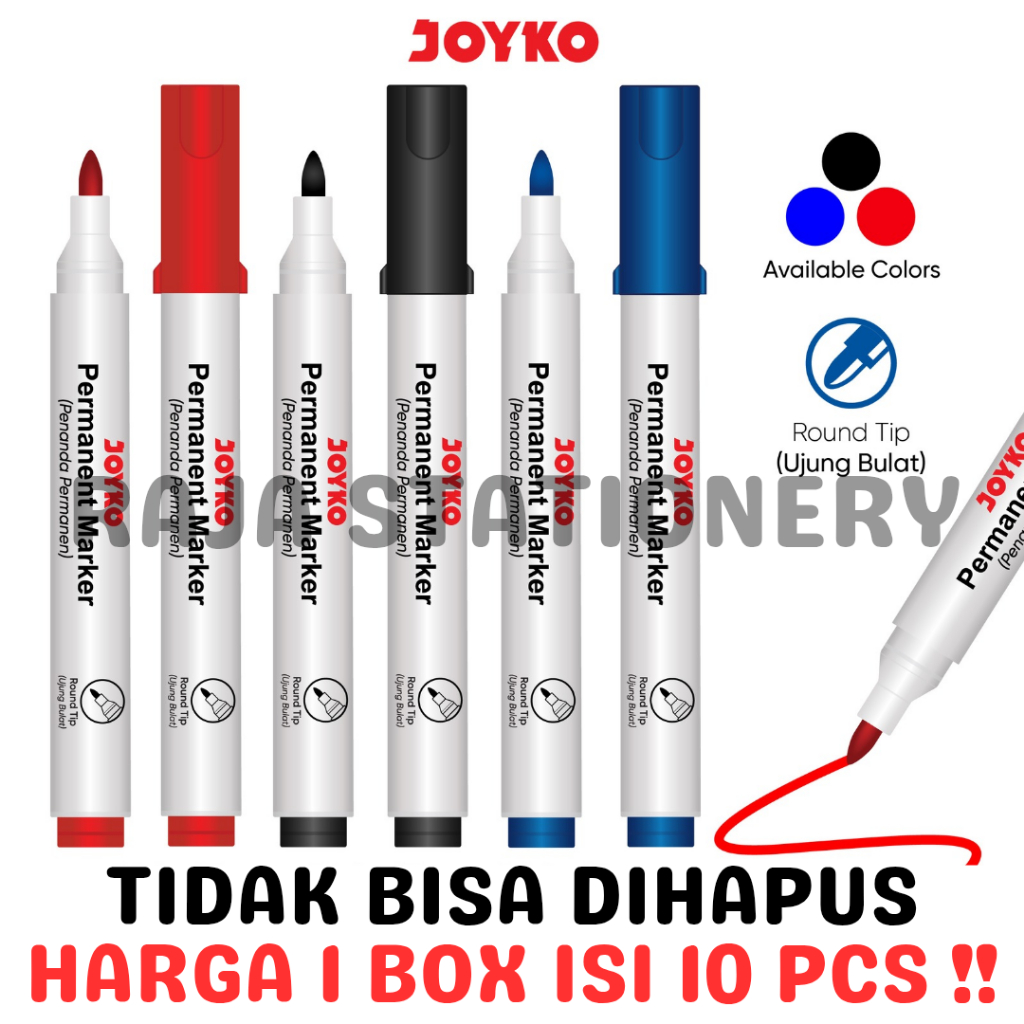 Jual JOYKO PERMANENT MARKER ROUND TIP BLACK BLUE RED / SPIDOL PERMANEN ...