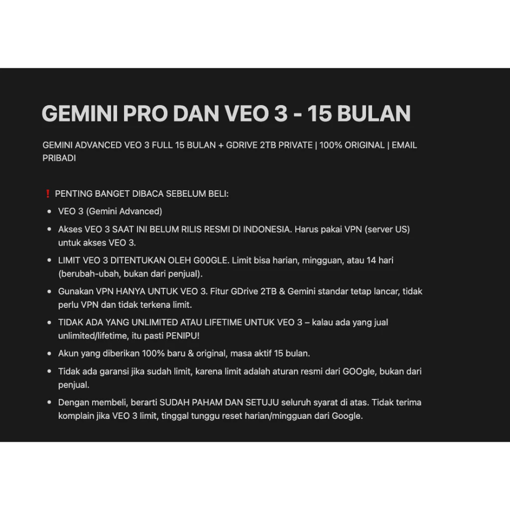 Jual GEMINI AI PRO 15 BULAN | 1 TAHUN | GDRIVE 2TB | VEO 3 | PRIVATE ...