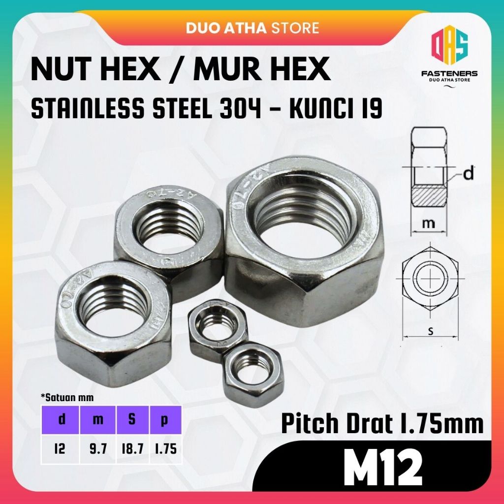 Jual Mur M12 x Pitch 1.75 Stainless Steel / Hex Nut M12 SUS 304 ...